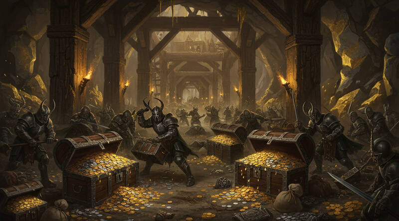 Mine d or coffres rempli d argent de pieces d or pillage